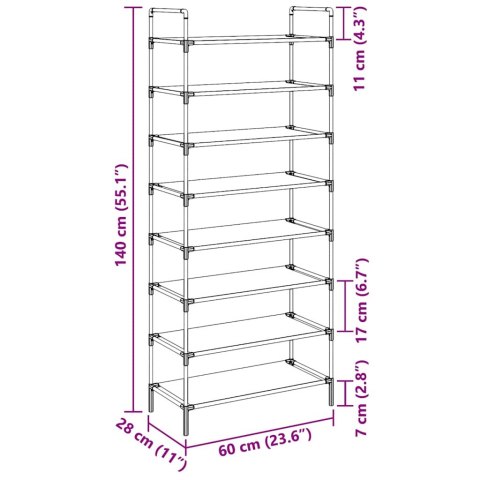 STOJAK NA BUTY Z 8 PÓŁKAMI METAL I WŁÓKNINA SREBRNY