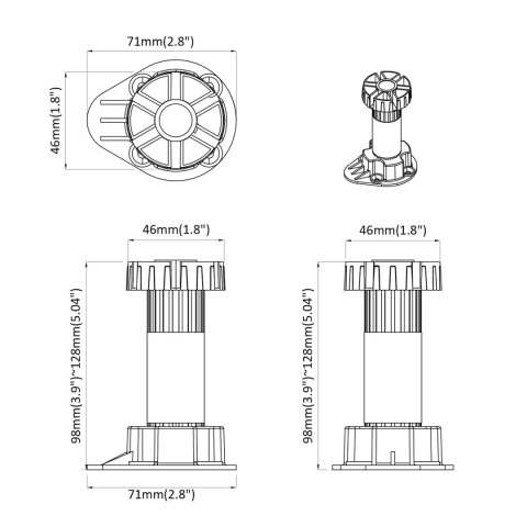 NÓŻKI MEBLOWE Z REGULACJĄ 12 SZT. CZARNY 46X46X128MM PP