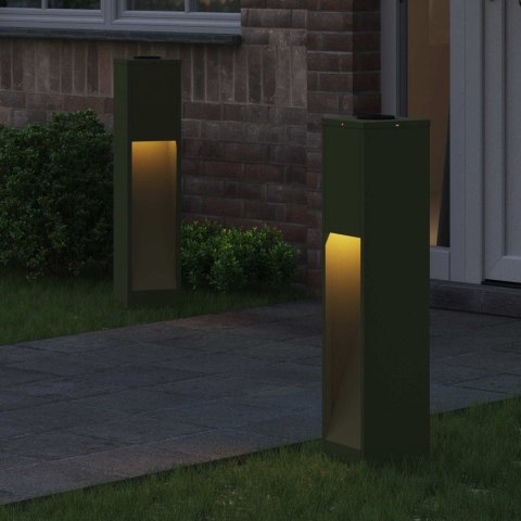 LAMPY SOLARNE OGRODOWE 2 SZTUKI SŁUPKI STALOWE 80CM OLIWKOWE CIEPŁA BIEL LED