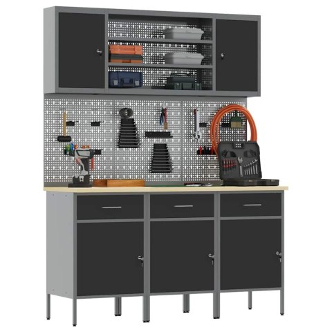 SZAFKA ROBOCZA Z PÓŁKĄ 7 PCS CZARNY DREWNO INŻYNIERYJNE I STAL