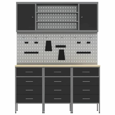 SZAFKA ROBOCZA Z PÓŁKĄ 7 PCS CZARNY DREWNO INŻYNIERYJNE I STAL