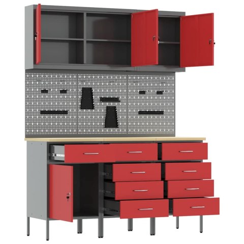 STÓŁ WARSZTATOWY 8 SZT. CZERWONY 150X 55X 200CM STAL