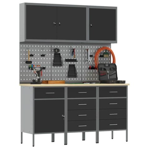 STÓŁ WARSZTATOWY Z SZUFLADĄ 8 SZT. CZARNY 150X 55X 200CM STAL