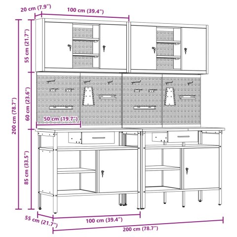 ZESTAW STOŁU WARSZTATOWEGO 8 SZT. CZARNY 200X 55X 200CM STAL