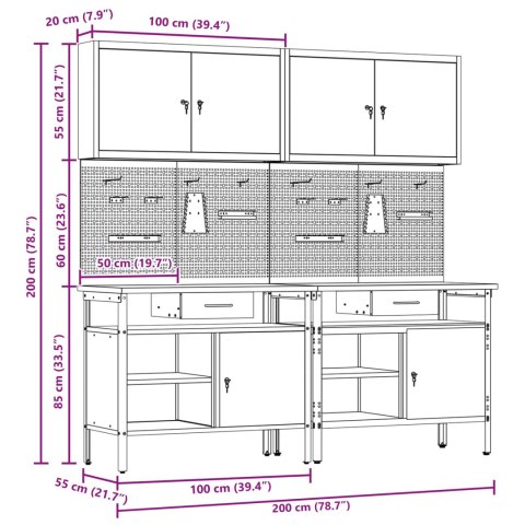 ZESTAW STOŁU WARSZTATOWEGO 8 SZT. CZARNY STAL MALOWANA PROSZKOWO