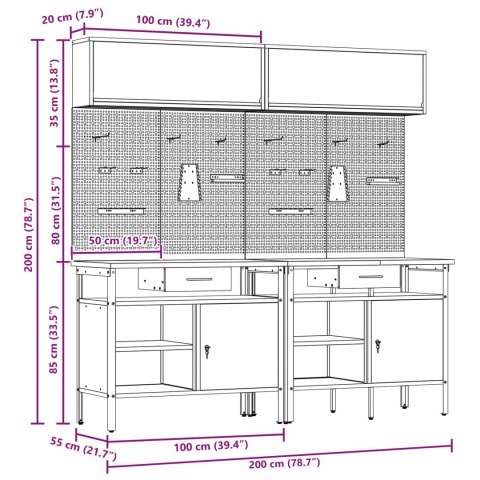 ZESTAW STOŁU WARSZTATOWEGO Z SZUFLADĄ Z PÓŁKĄ 8 SZT. CZARNY STAL