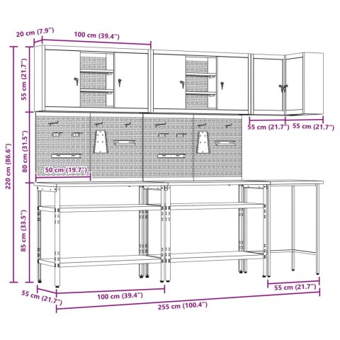 ZESTAW SZAFEK ROBOCZYCH Z PÓŁKĄ Z BLOKADĄ 10 SZT. CZARNY I SZARY