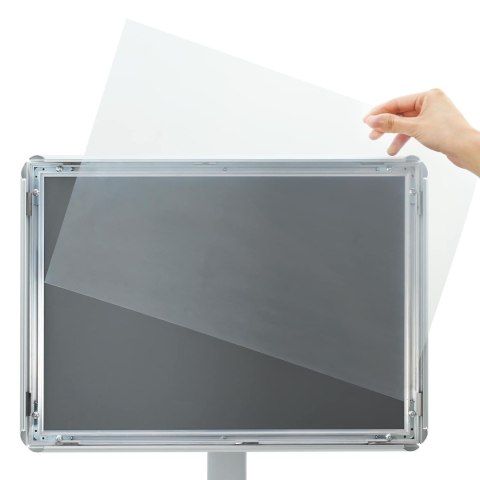 STOJAK NA PLAKATY SREBRNY 32X 27X 119CM PVC I ŻELIWO