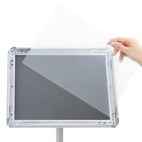 STOJAK NA PLAKATY SREBRNY 33X 33X 126CM PVC I STAL