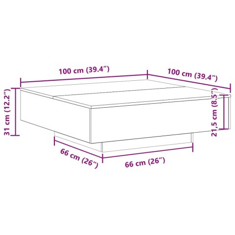 STOLIK KAWOWY ZE LED LIGHTS DĄB RZEMIEŚLNICZY 100X100X31CM