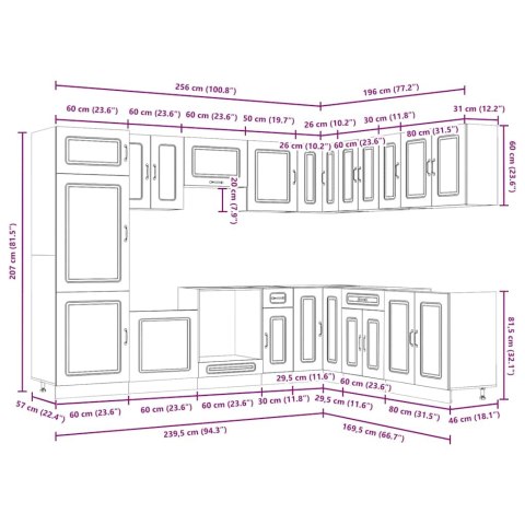 ZESTAW SZAFEK KUCHENNYCH KALMAR 14-CZĘŚCIOWY PRZYDYMIONY DĄB