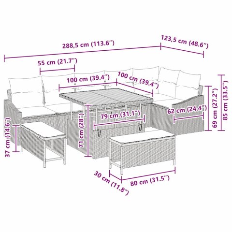 VidaXL Zestaw Sof na Ogród z poduszką 9 pcs Czarny Polirattan