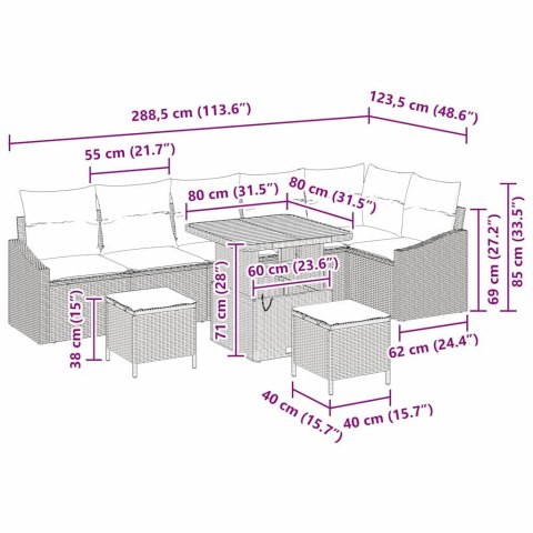 VidaXL Zestaw Sof na Ogród z poduszką 9 pcs Czarny Polirattan