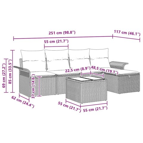 VidaXL Zestaw Sof na Ogród z poduszką 6 pcs Czarny polirattan
