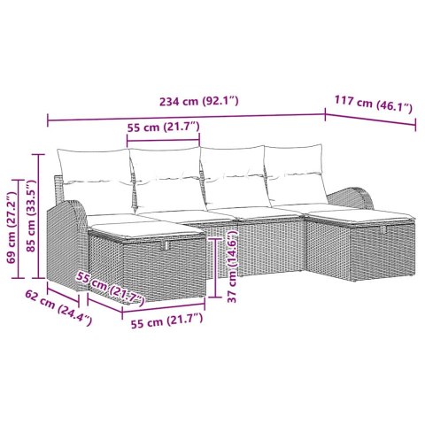 VidaXL Zestaw Sof z poduszką z przechowywaniem 6 pcs Czarny polirattan
