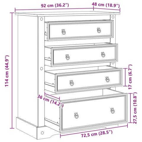 KOMODA Z 4 SZUFLADAMI CORONA 92X48X114 CM BIAŁA LITE DREWNO SOSNA SZAFKA BOX