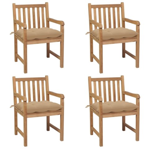 KRZESŁA OGRODOWE Z BEŻOWYMI PODUSZKAMI 4 SZT. DREWNO TEKOWE