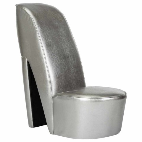 FOTEL W KSZTAŁCIE BUTA NA OBCASIE SREBRNY SZTUCZNA SKÓRA