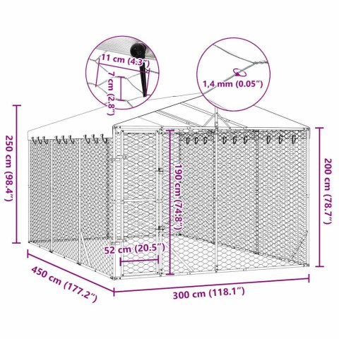 VidaXL Kojec dla psa, z dachem, srebrny, 3x4,5x2,5 m, stal