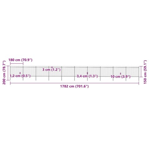 VidaXL Ogrodzenie ogrodowe z włócznią, stalowe, 1781,5 x 150 cm, czarne