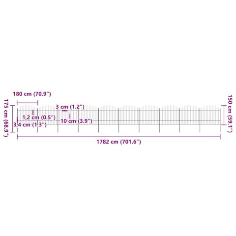 VidaXL Ogrodzenie ogrodowe z włócznią, stalowe, 1781,5 x 175 cm, czarne