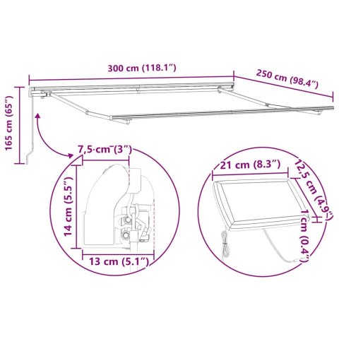 RAMA MARKIZY ZE LED LIGHTS BIAŁY 300X250CM ALUMINIUM