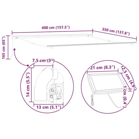 RAMA MARKIZY ZE LED LIGHTS BIAŁY 400 × 350CM ALUMINIUM