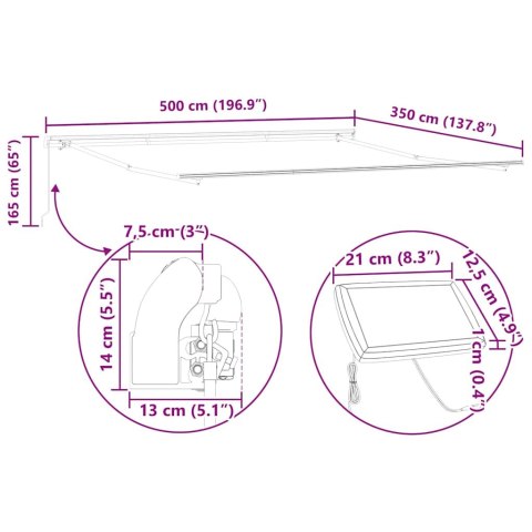RAMA MARKIZY ZE LED LIGHTS BIAŁY 500 × 350CM ALUMINIUM