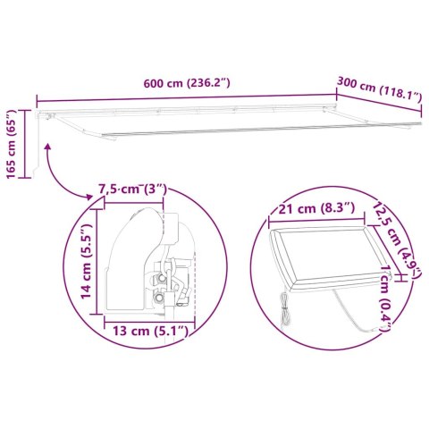RAMA MARKIZY ZE LED LIGHTS BIAŁY 600 × 300CM ALUMINIUM