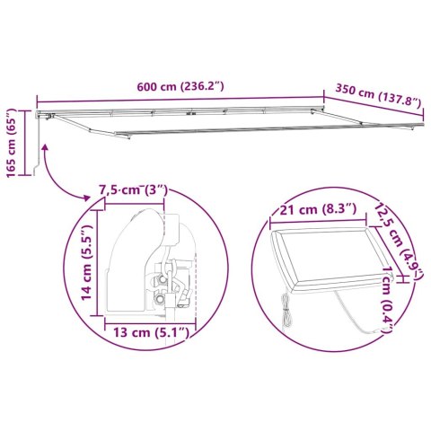 RAMA MARKIZY ZE LED LIGHTS BIAŁY 600 × 350CM ALUMINIUM