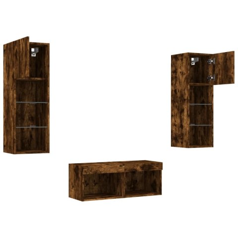 VidaXL 4-cz. zestaw mebli TV z oświetleniem LED, przydymiony dąb