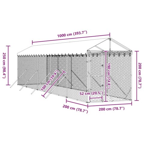 VidaXL Kojec dla psa, z dachem, srebrny, 2x10x2,5m, stal galwanizowana