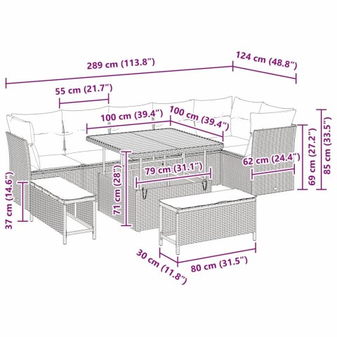 ZESTAW SOF NA OGRÓD Z PODUSZKĄ 9 EL. CZARNY I KREMOWY