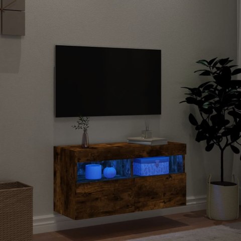 ŚCIENNA SZAFKA TV Z LED PRZYDYMIONY DĄB 80X30X40CM