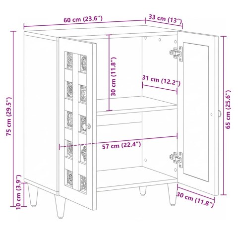 KOMODA Z DREWNA MANGO 60X33,5X75CM BUFET DRZWI CERAMICZNE DETALE BOHO