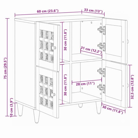 KOMODA Z DREWNA MANGO 60X33,5X75CM BUFET DRZWI CERAMICZNE DETALE BOHO