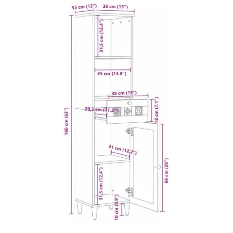 SZAFKA ŁAZIENKOWA NATURALNY 38X33X160CM DREWNO Z MANGO