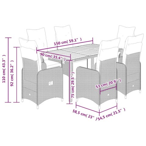 VidaXL 7-cz. zestaw mebli bistro z poduszkami, szary, polirattan