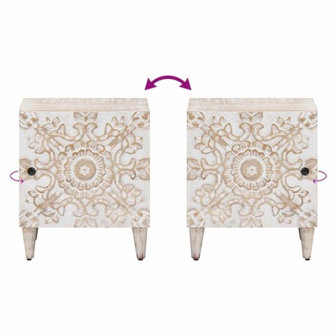 BIAŁA SZAFKA NOCNA Z DREWNA MANGO RĘCZNIE RZEŹBIONA RETRO 40X33,5X46CM LOFT