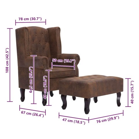 VidaXL Fotel Chesterfield z podnóżkiem, brązowy, sztuczny zamsz