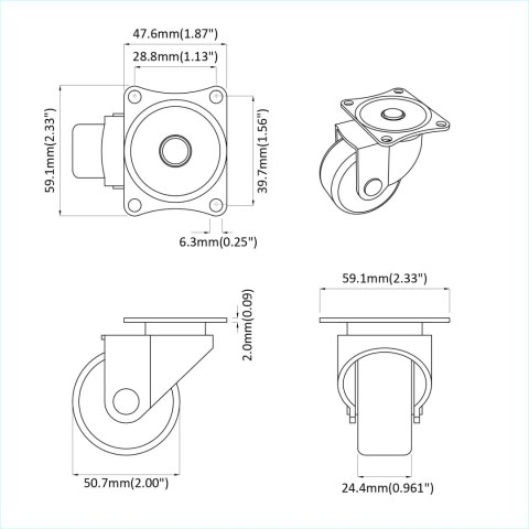 VidaXL Obrotowe kółko 2 pcs Srebrny 60 x 60 x 50 mm Żelazo i nylon
