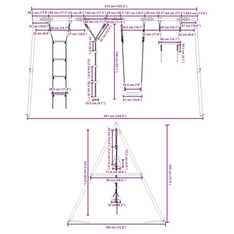 VidaXL Huśtawka ogrodowa z siodełkiem, trapezem, drabinką i linką
