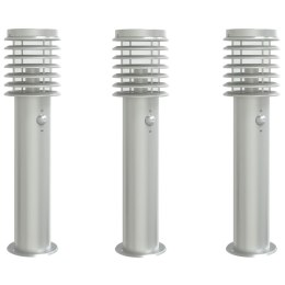 VidaXL Lampy ogrodowe na słupku, z czujnikiem, 3 szt., srebrne, 60 cm