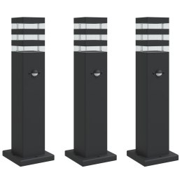 VidaXL Zewnętrzne lampy stojące, z czujnikami, 3 szt., czarne, 50 cm