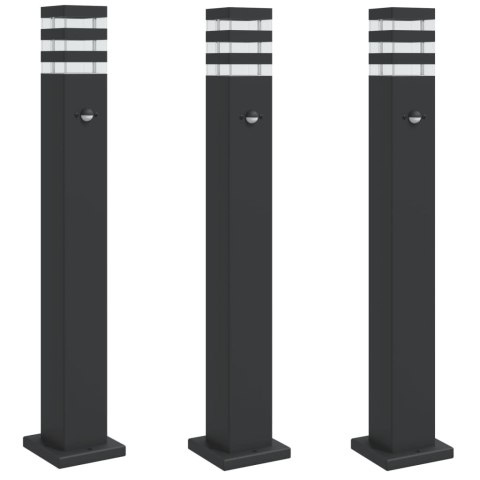 VidaXL Zewnętrzne lampy stojące, z czujnikami, 3 szt., czarne, 80 cm