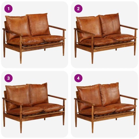 VidaXL 2-osobowa sofa z prawdziwej skóry i drewna akacjowego, brązowa