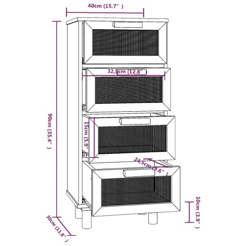 VidaXL Komoda, czarna, 40x30x90 cm, lita sosna i naturalny rattan