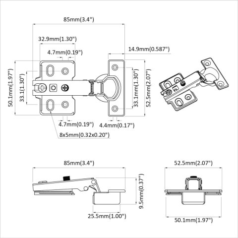 VidaXL Zawias 12 pcs Nikiel 85 x 52,5 x 9,5 mm Żelazo